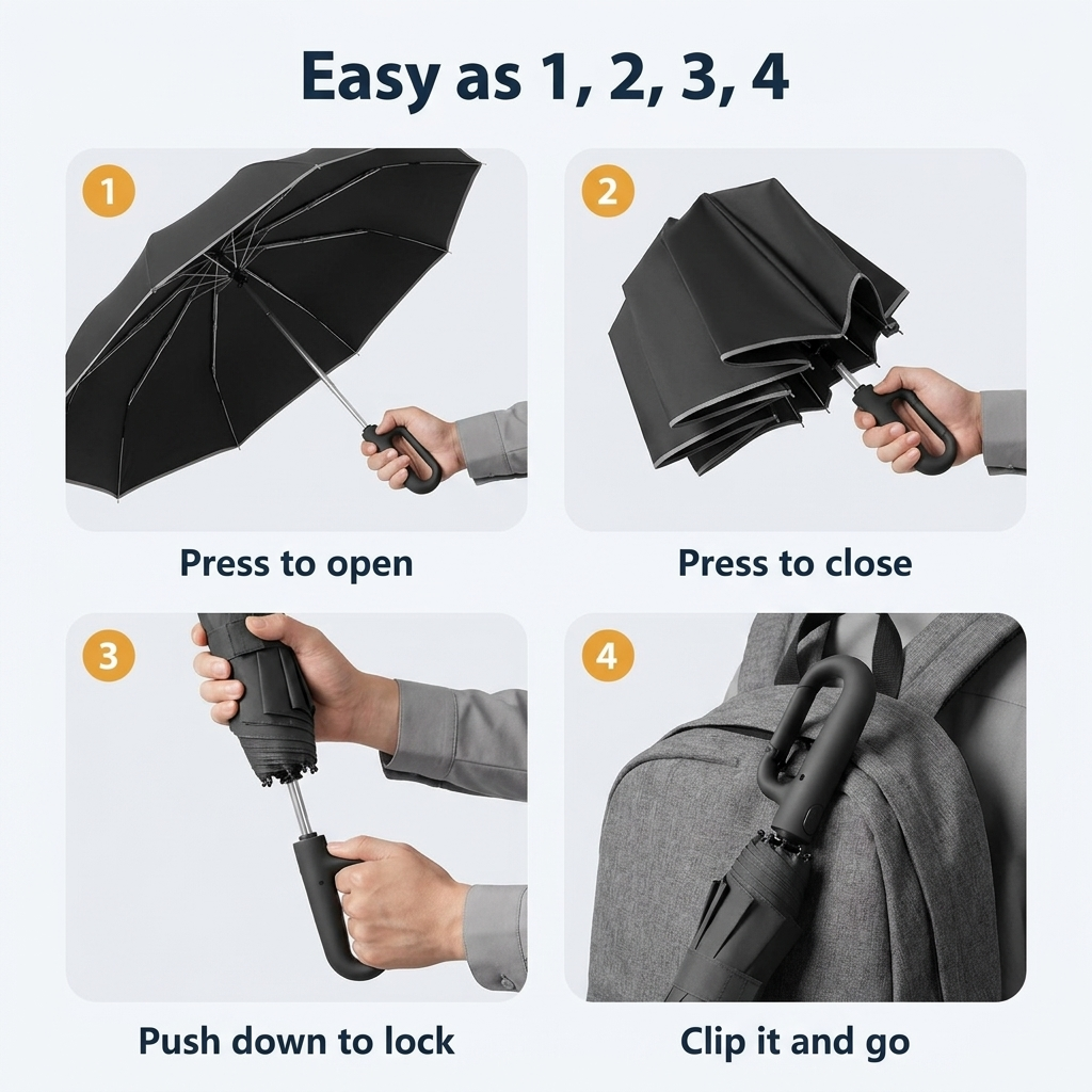 How to use: press to open, press to close, push down to lock, clip it and go