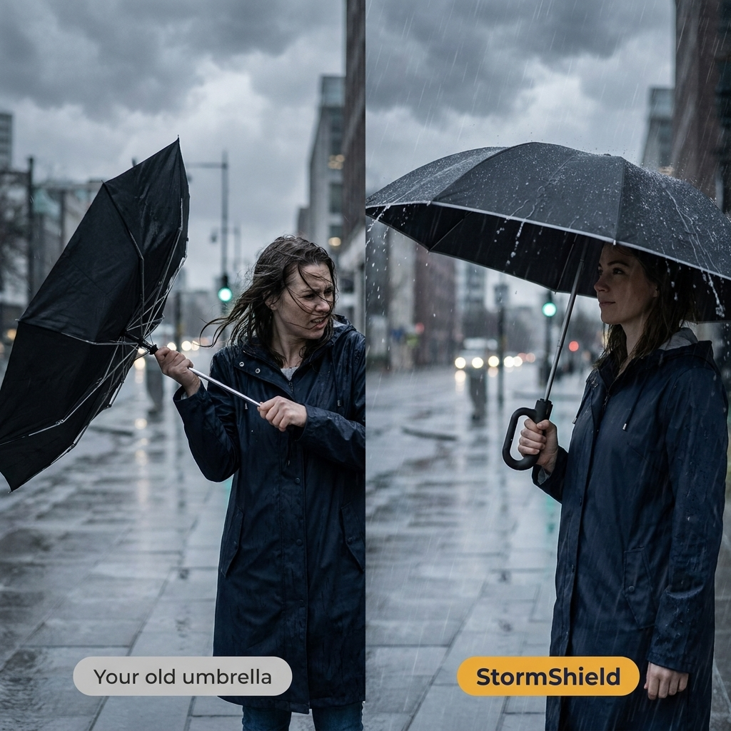 Cheap umbrella flipping in wind next to StormShield holding steady