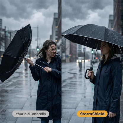Cheap umbrella flipping in wind next to StormShield holding steady