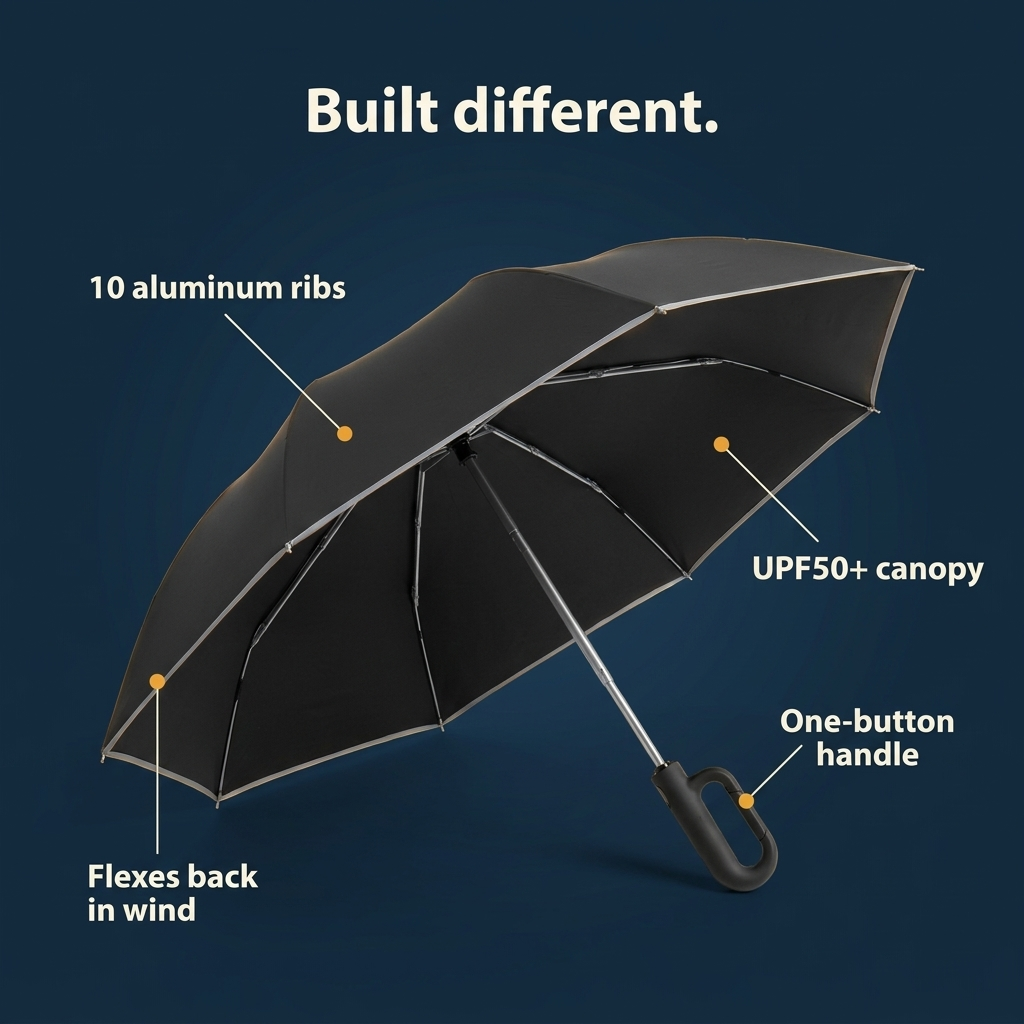 StormShield features: 10 aluminum ribs, UPF50+ canopy, one-button handle