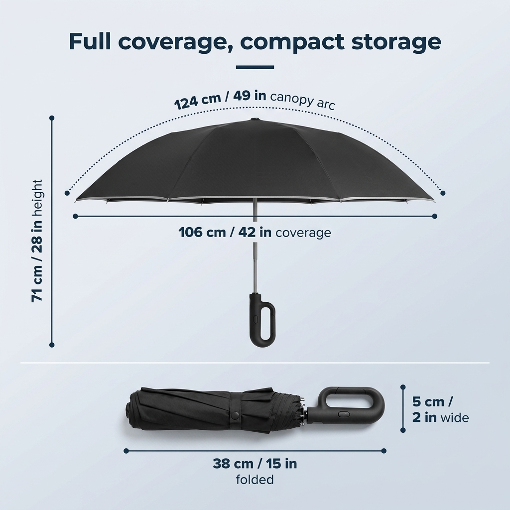 Size chart: 106 cm coverage, 71 cm height, 38 cm folded